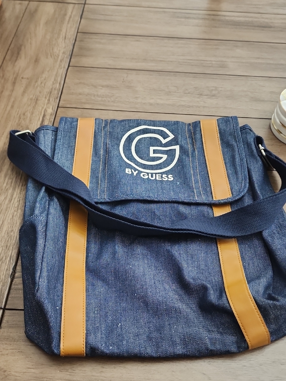 G by Guess Blue Denim Messenger Bag with Tan Accents